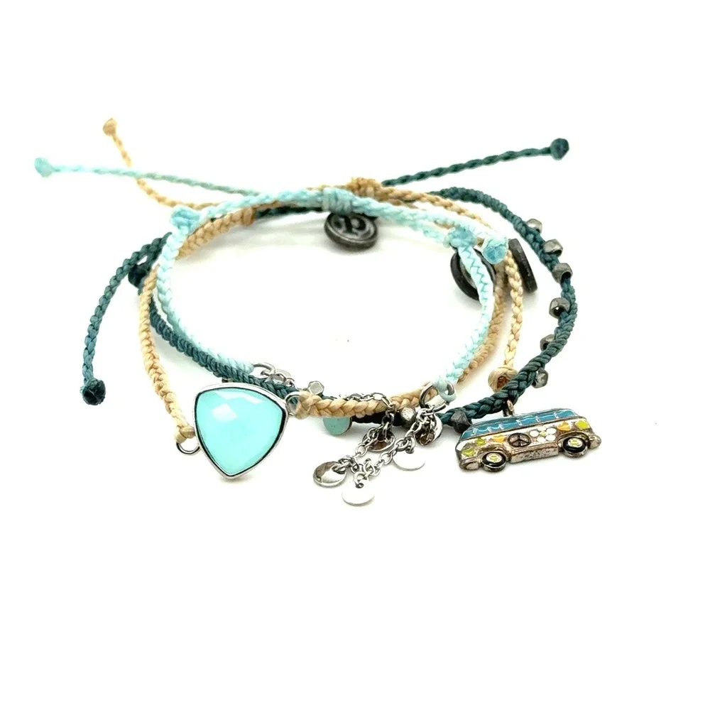 Pura Vida Bracelet Stack Hippie Van Charm Turquoise Stone Boho Blue Tan Set - Picture 1 of 7